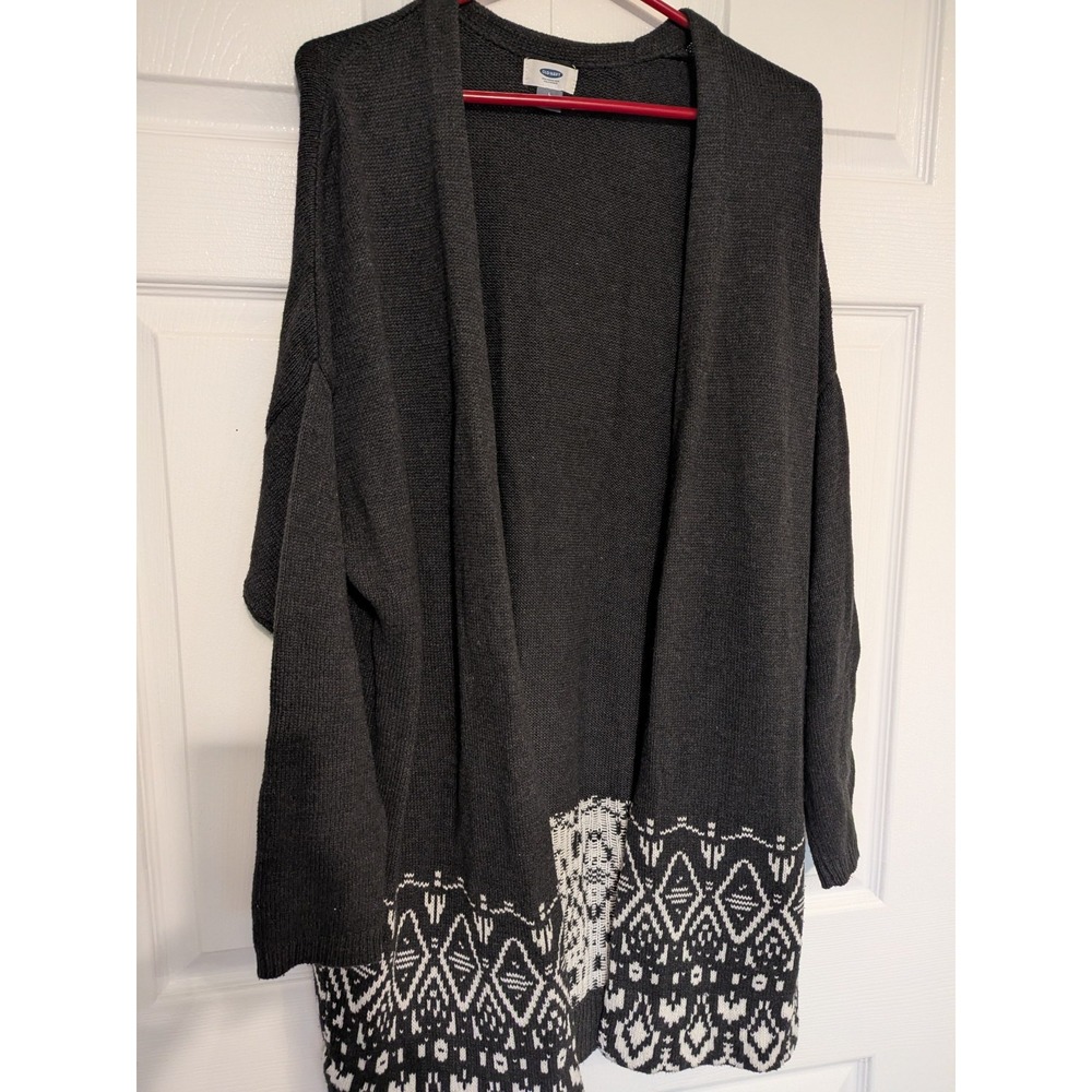 OLD NAVY Gray/White Open‎ Front Cardigan Long Sleeve Sweater L Long Length GUC